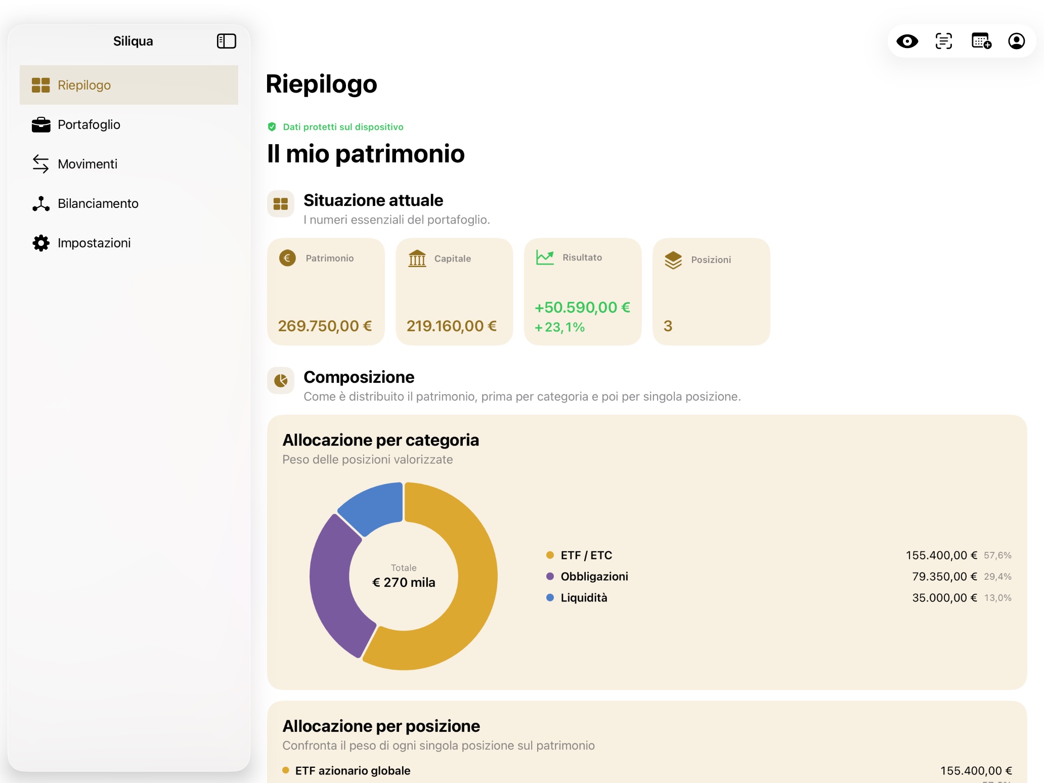 Schermata reale della build 35 di Siliqua su iPad orizzontale: riepilogo iniziale con navigazione laterale e grafici