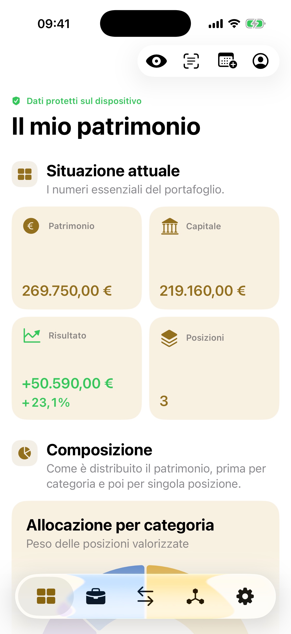 Schermata reale della build 35 di Siliqua su iPhone: riepilogo iniziale con patrimonio, risultato e composizione
