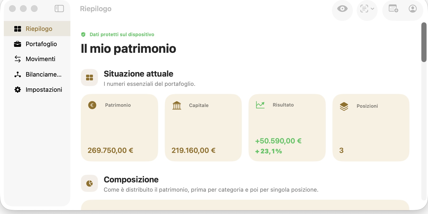 Schermata reale della build 35 di Siliqua su Mac: riepilogo iniziale con metriche e composizione