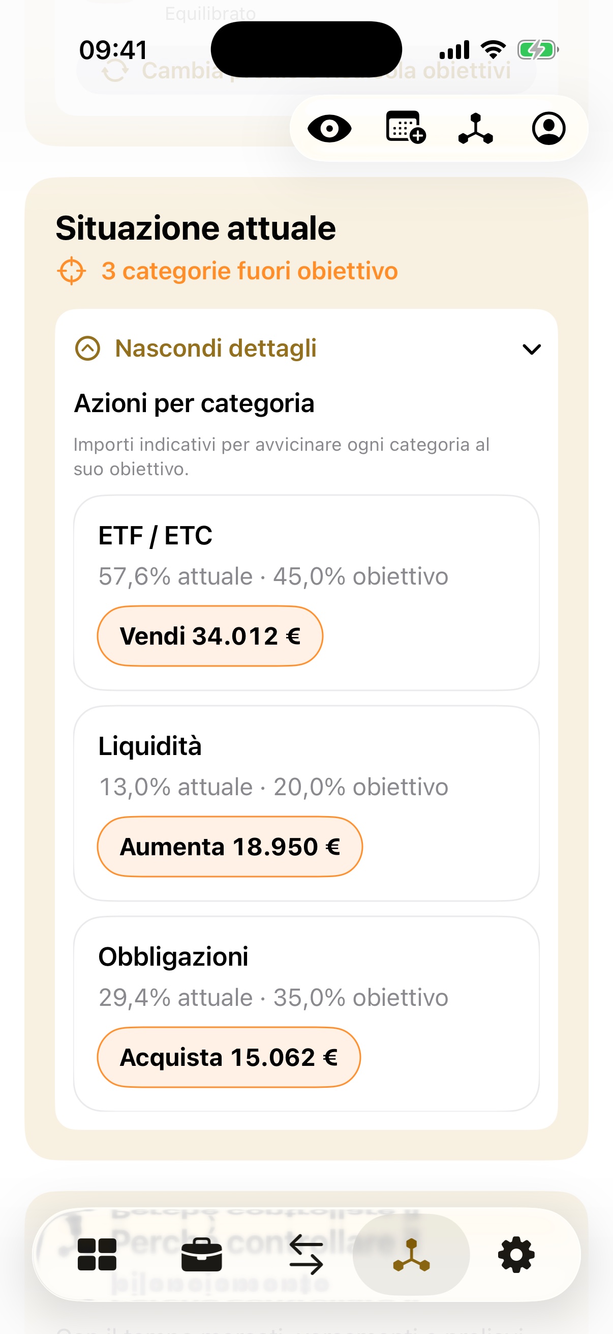 Schermata reale della build 35: azioni di bilanciamento con importi da vendere, aumentare e acquistare