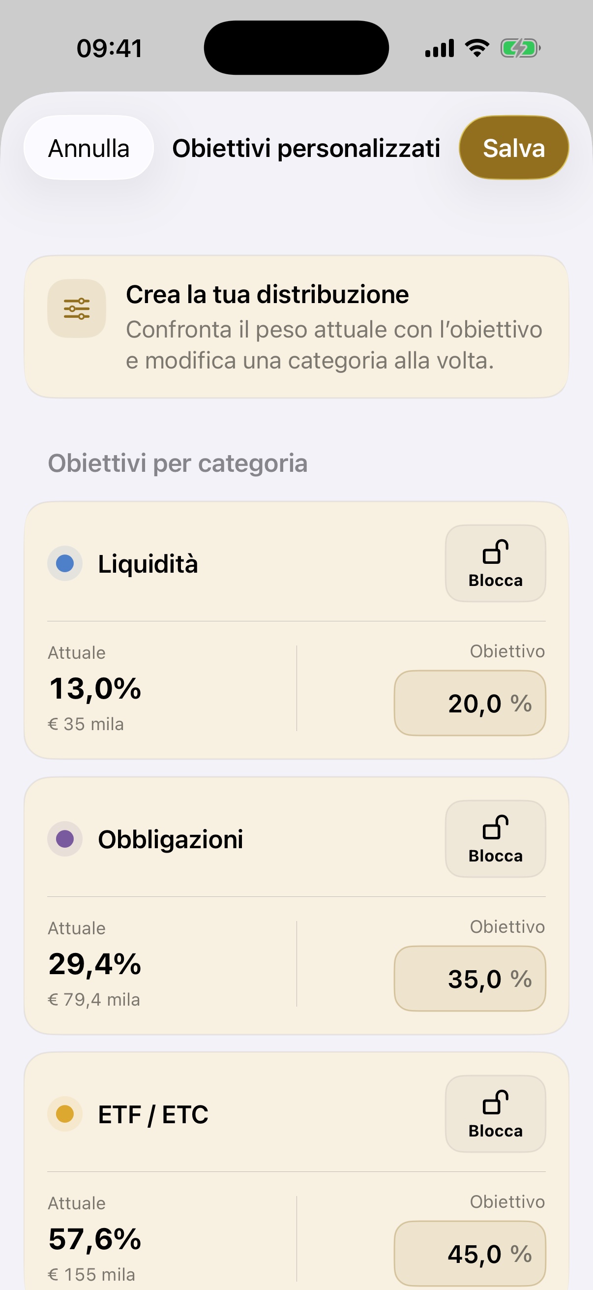 Schermata reale della build 35 con il nuovo editor degli obiettivi personalizzati