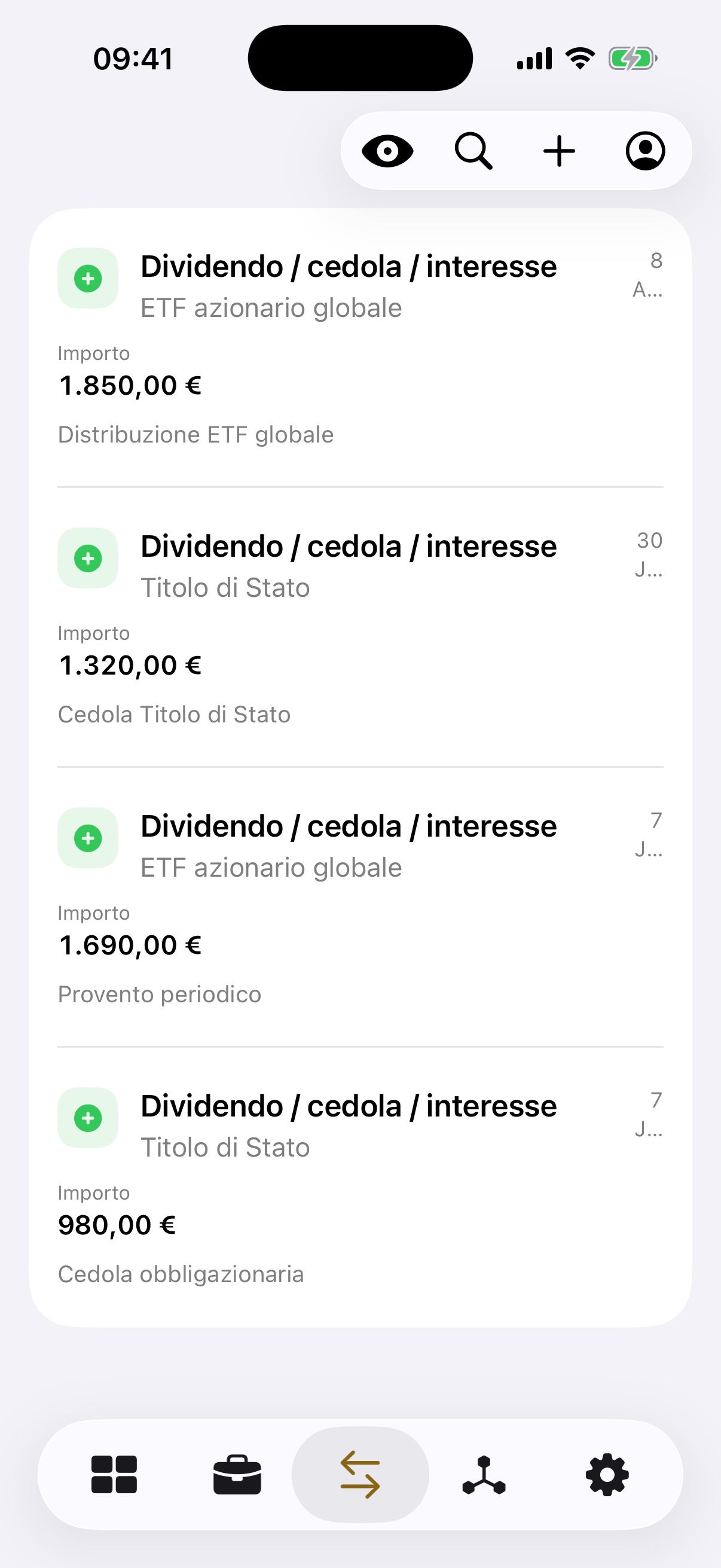 Schermata reale della build 35 con il registro dei movimenti e dei proventi